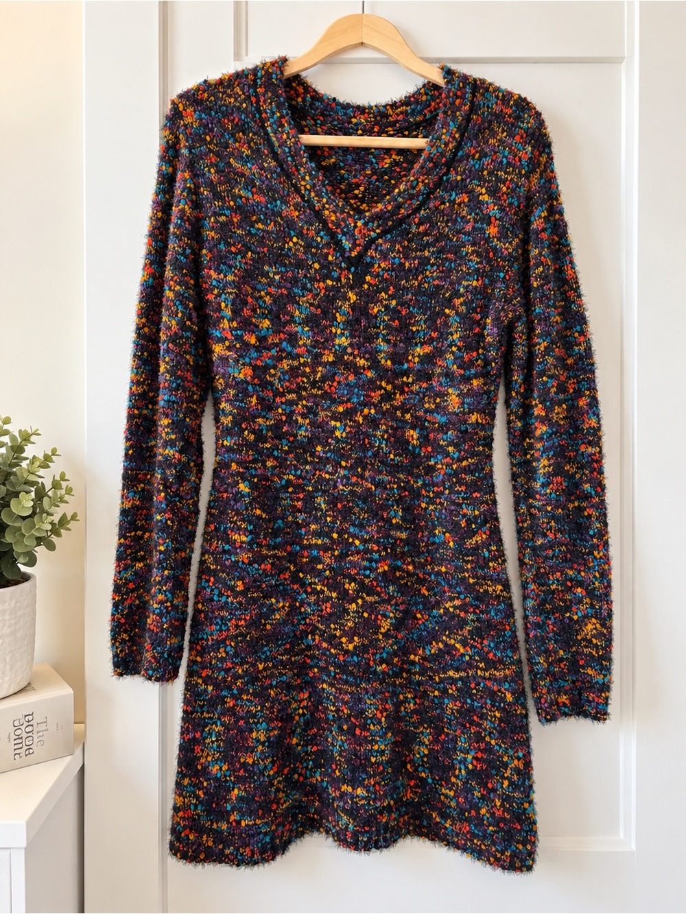 Cozy Multicolor Knit V-Neck Sweater Dress